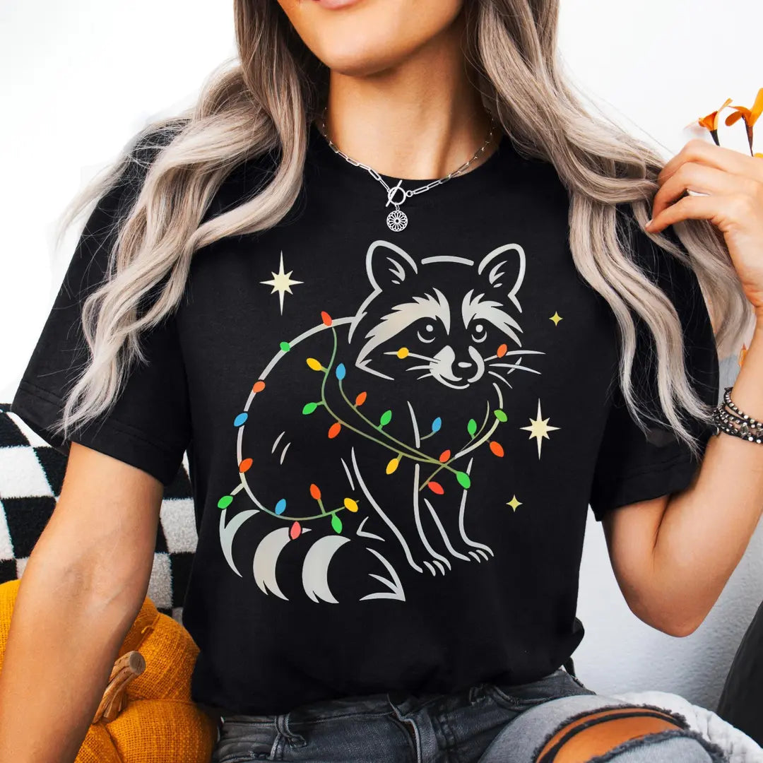 BLACK Crewneck sweatshirt with Raccoon Christmas design, alternate product view.