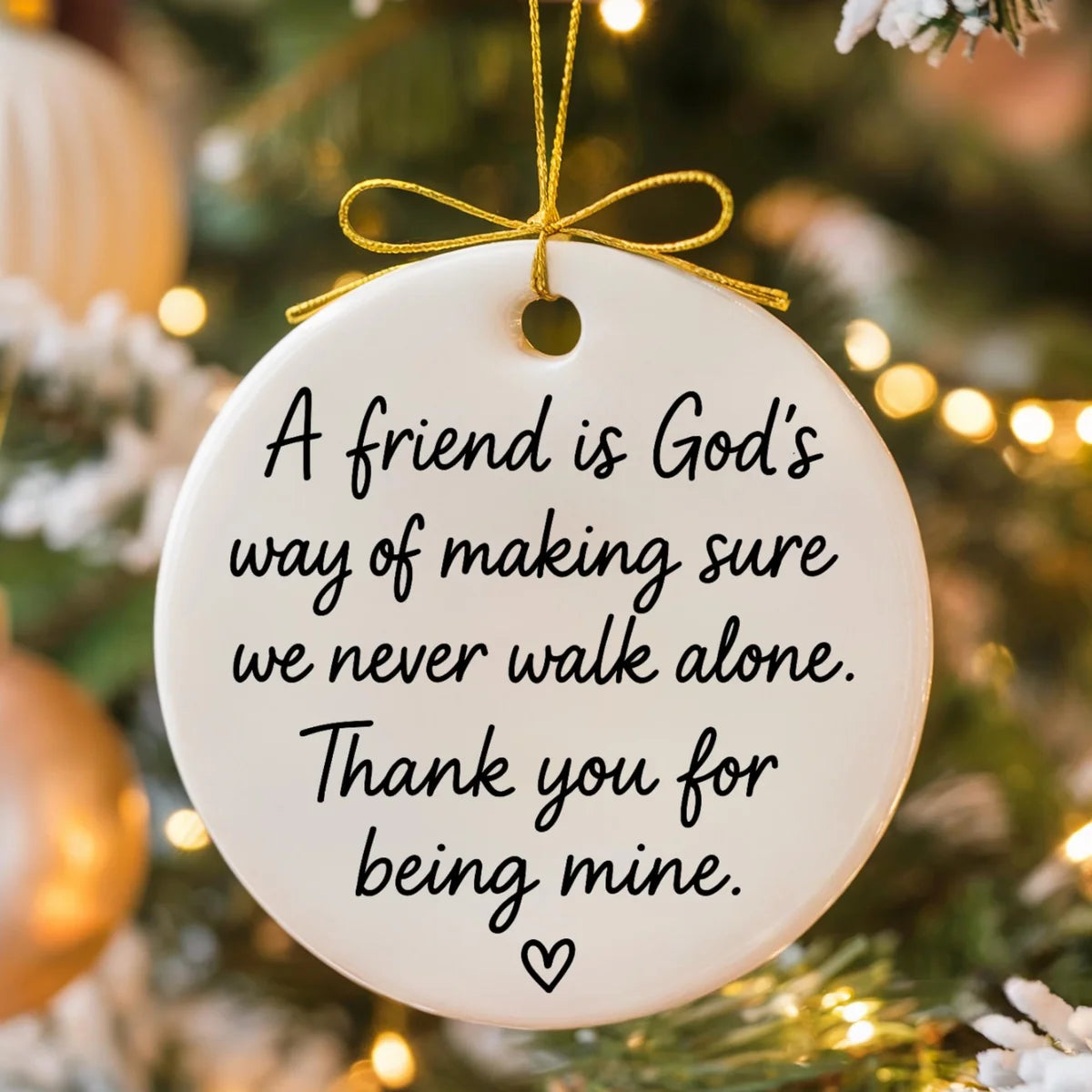 round ceramic ornament with the visible A Friend Is God's Way message.