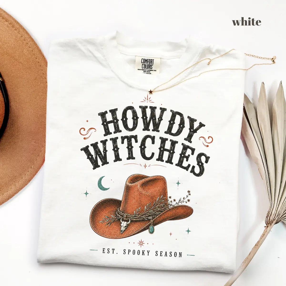 White Comfort Colors 1717 T-shirt with Howdy Witches design view 2