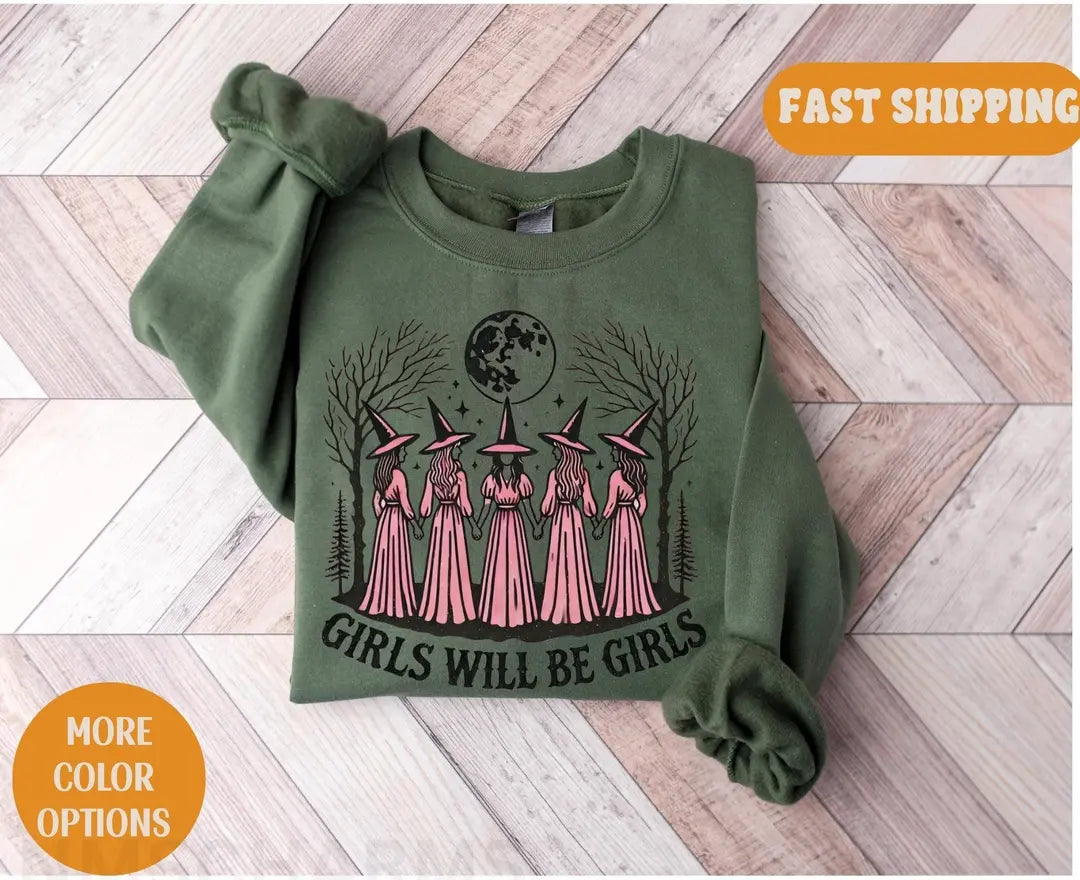 Military Green Crewneck sweatshirt with printed Vintage Girls Will Be Girls Witch design, alternate product view.