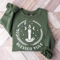Crewneck sweatshirt with embroidered Blessed Yule Christmas design, alternate product view.