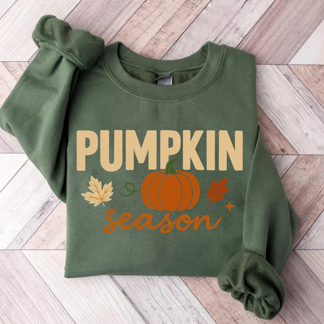Crewneck sweatshirt with Pumpkin Season design, alternate product view.