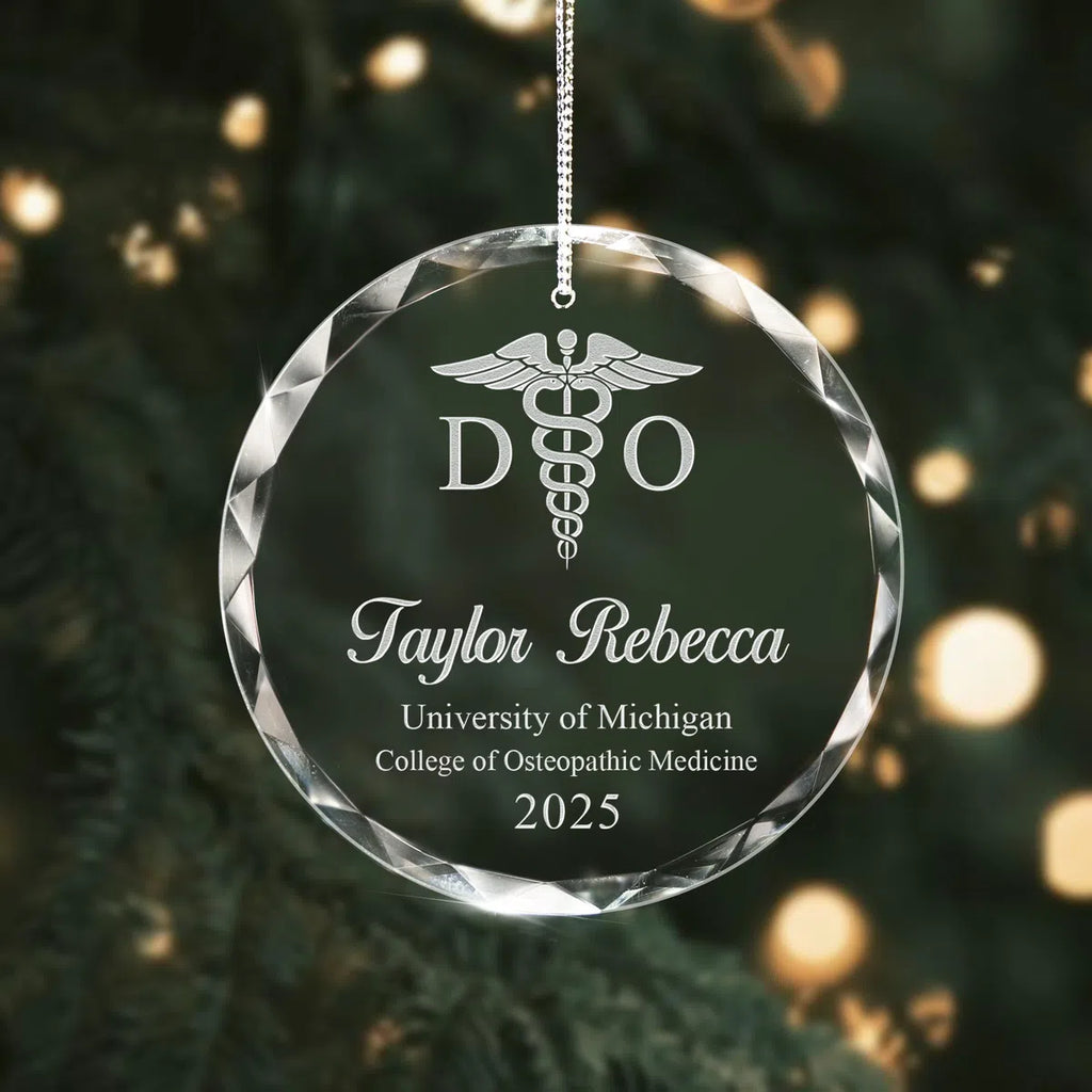 Additional view of a Doctor of Osteopathic Medicine personalized engraved engraved crystal glass ornament.