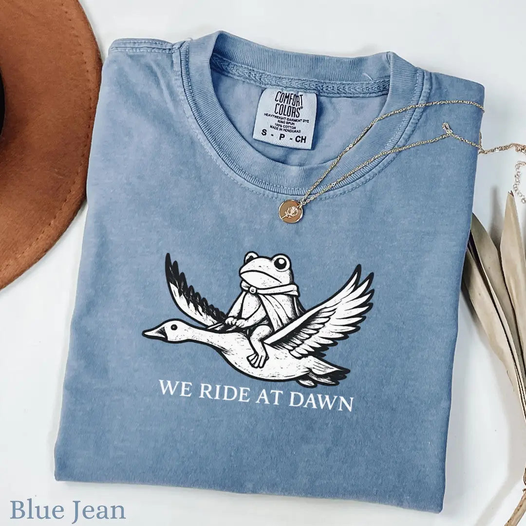 Blue Jean Comfort Colors 1717 T-shirt with We Ride at Dawn design, alternate product view.