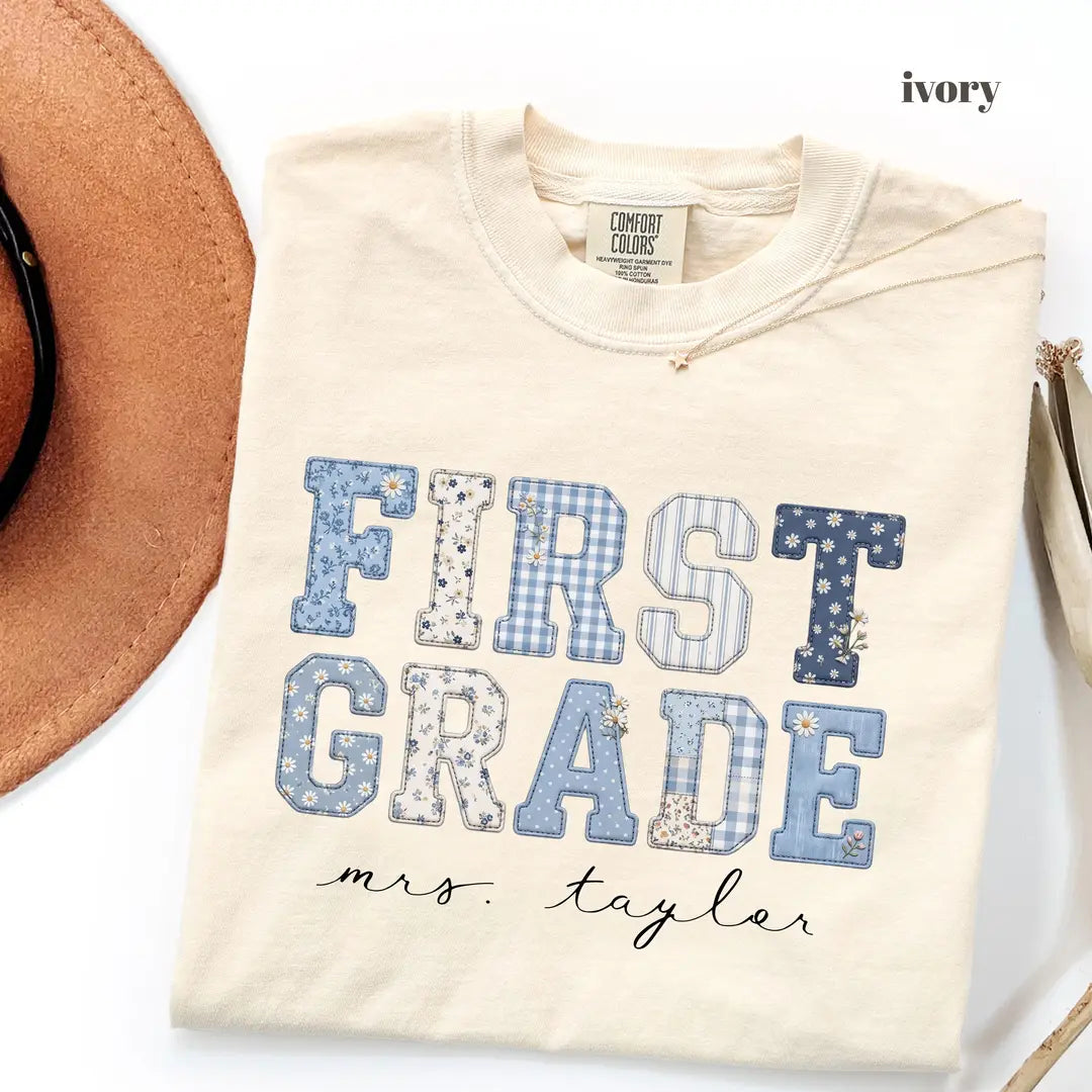 Ivory Comfort Colors 1717 T-shirt with First Grade Teacher design view 2