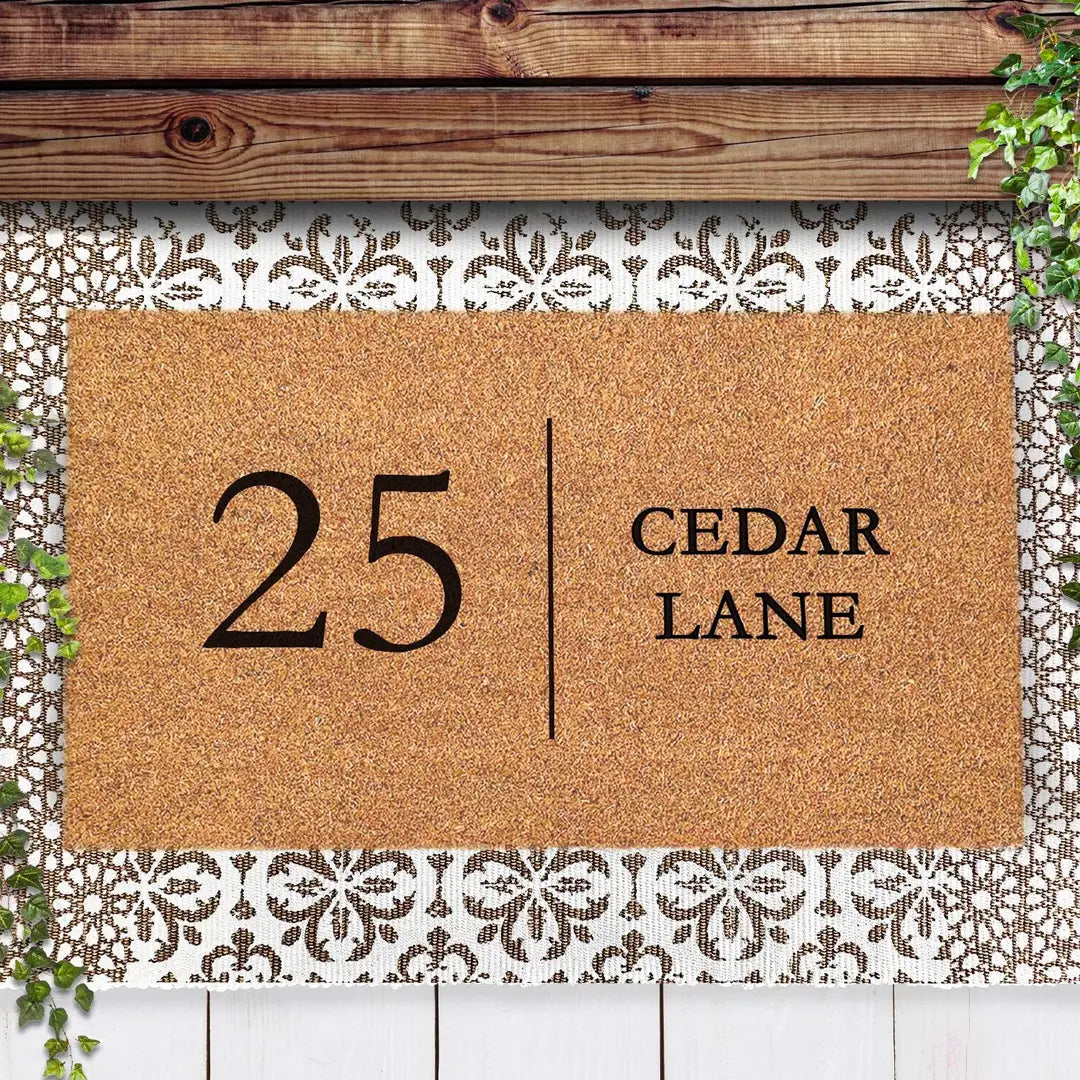 Coir doormat with a house number and street name layered on a white and brown lace-pattern rug under a wooden beam