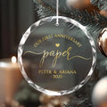 Personalized engraved crystal glass ornament featuring First Anniversary.