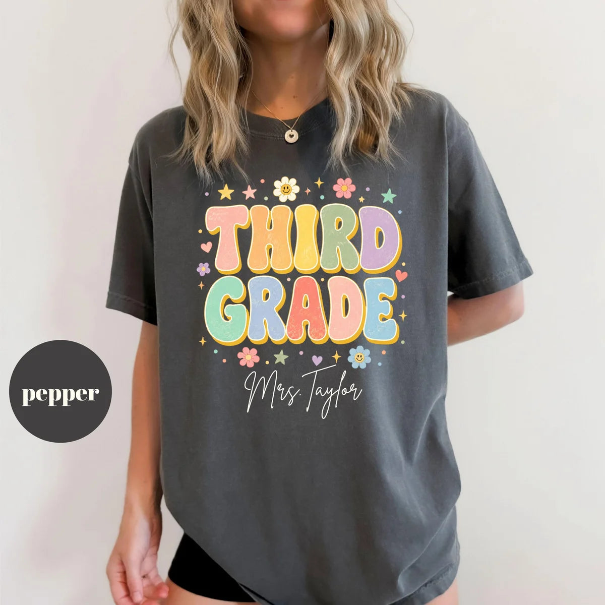 Pepper Comfort Colors 1717 T-shirt with Third Grade Teacher design view 2