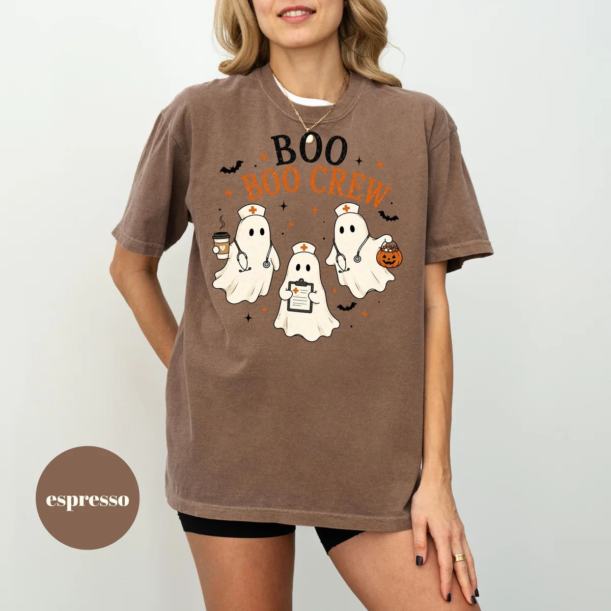 Espresso Comfort Colors 1717 T-shirt with Boo Boo Crew Ghost Nurse design worn by a model