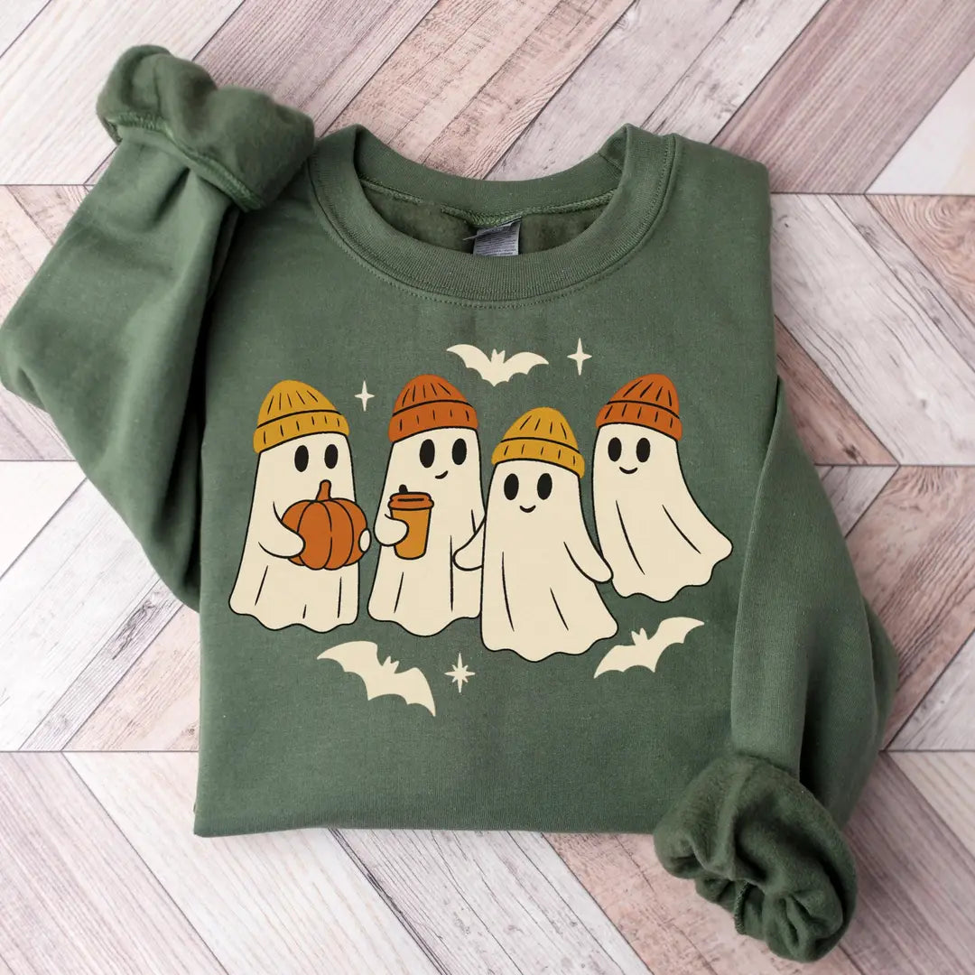 Military Green Crewneck sweatshirt with Ghost design, hero view.
