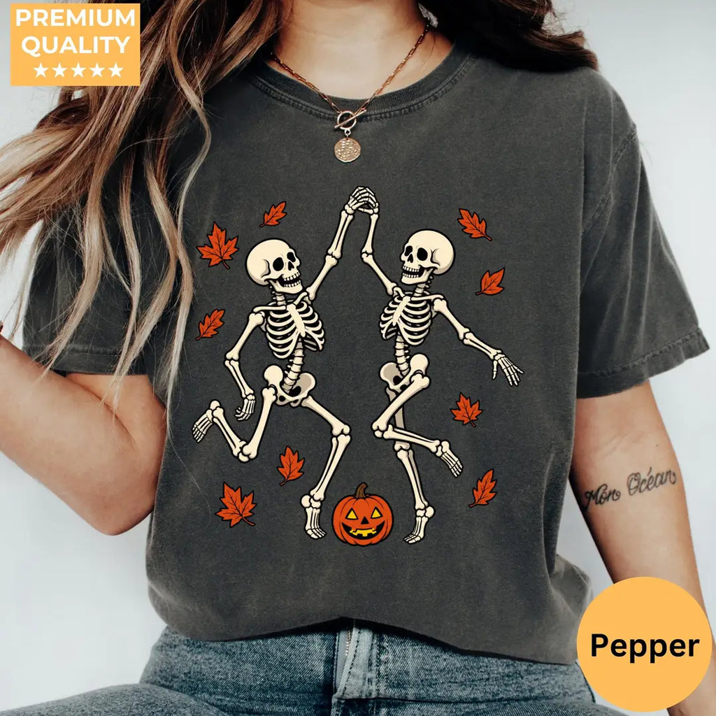 Dancing Skeleton Couple Comfort Colors T-Shirt alternate product view in Pepper.