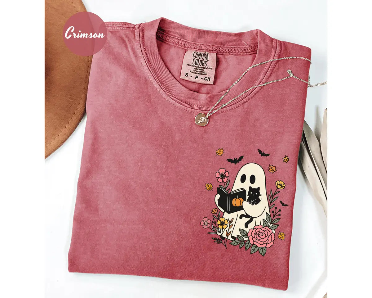 Crimson Comfort Colors 1717 T-shirt with Floral Halloween Ghost and Black Cat design