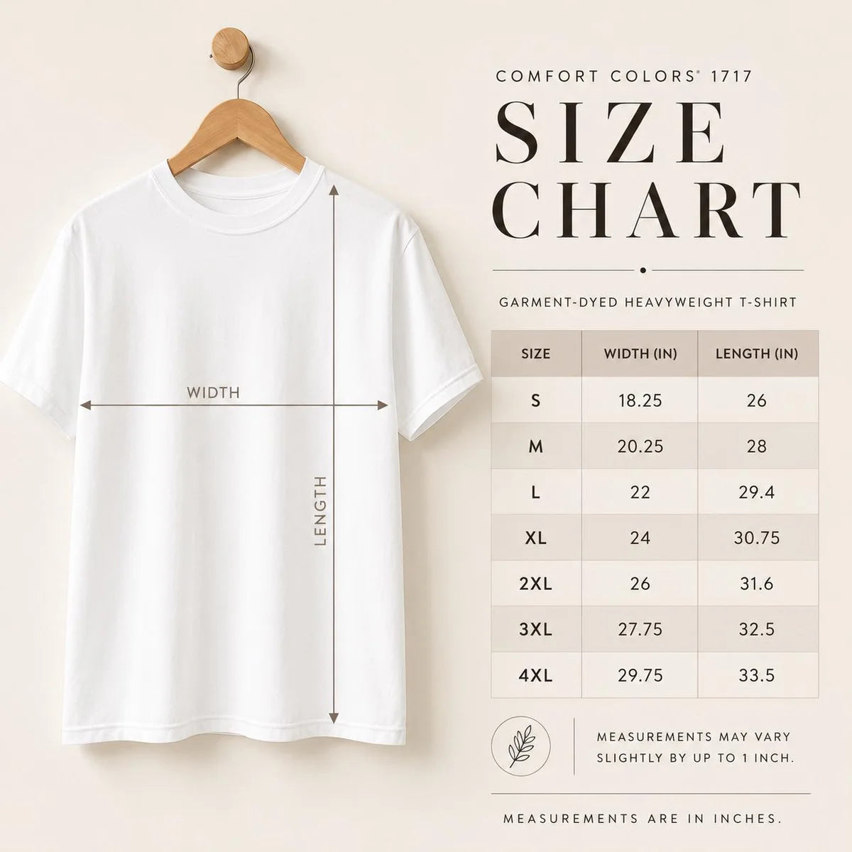 Comfort Colors 1717 T-shirt size chart with adult garment measurements