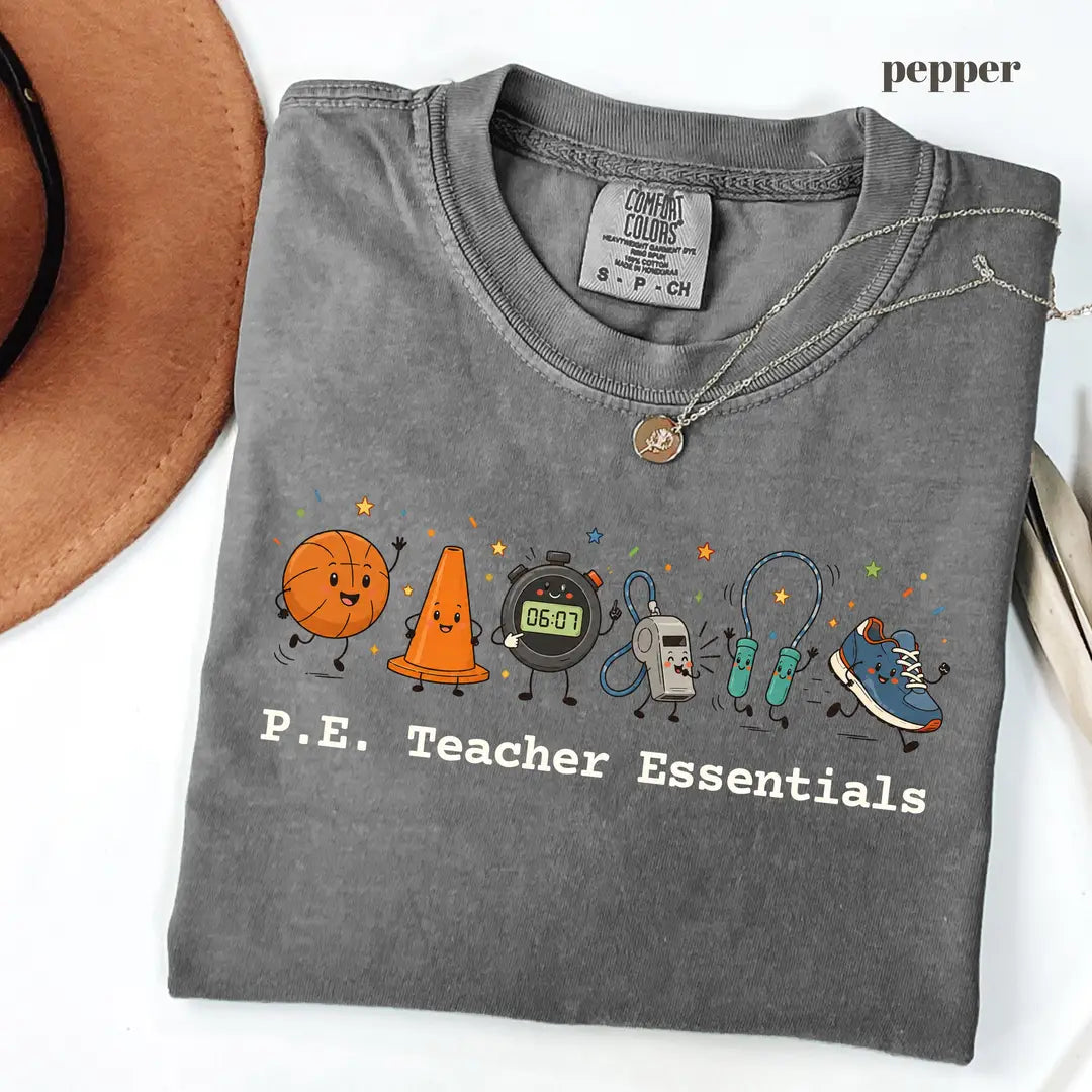 Pepper Comfort Colors 1717 T-shirt with P.E Teacher Essentials design