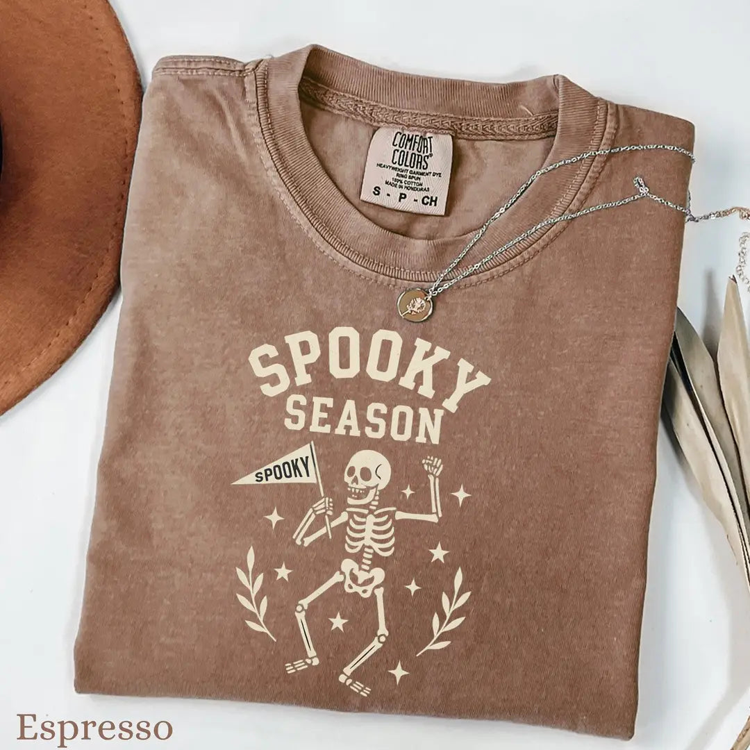 Spooky Season Skeleton - Retro Halloween Comfort Colors T-Shirt alternate product view in Espresso.