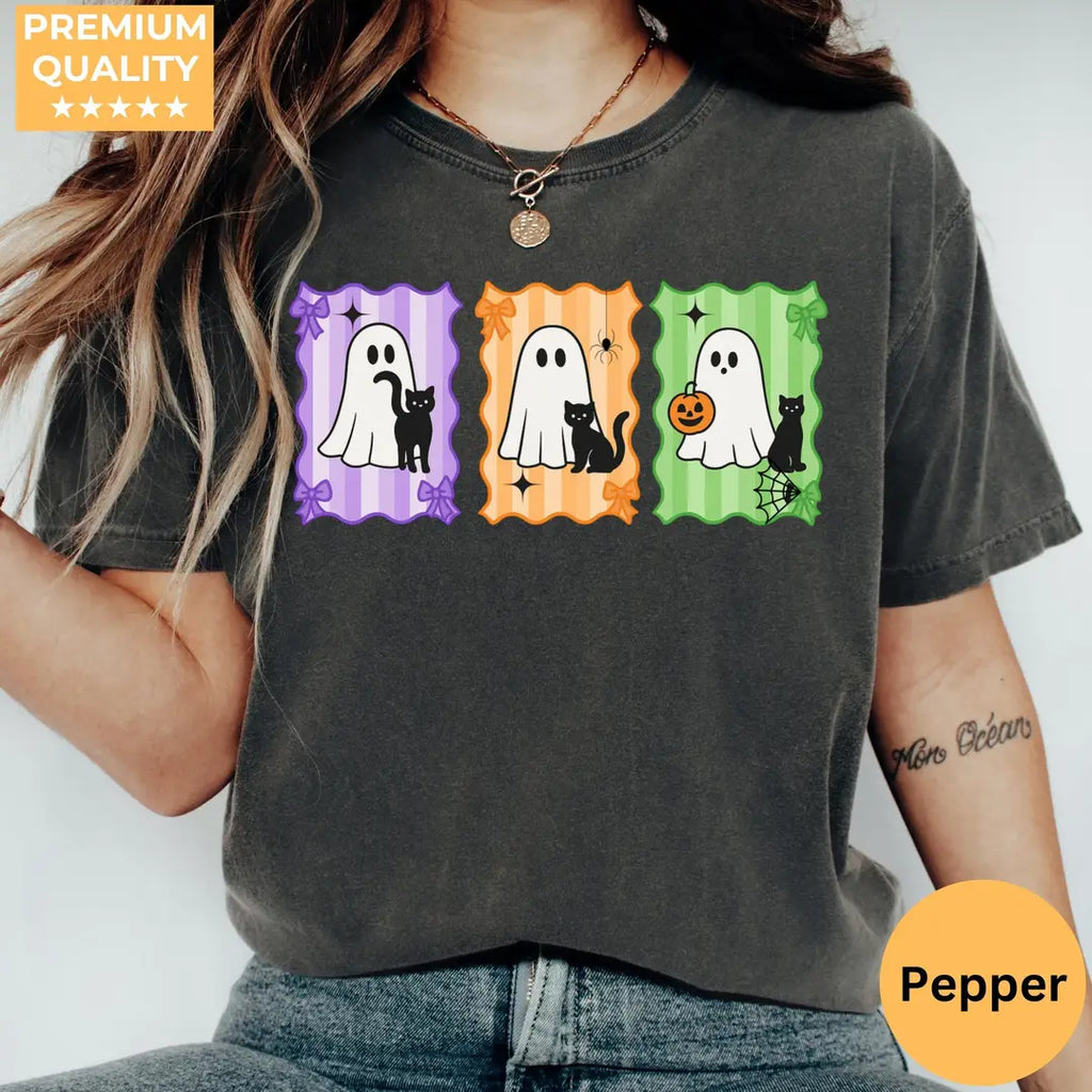 Colorful Ghost & Black Cat Panels - Halloween Comfort Colors T-Shirt hero view in Pepper.