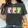 Colorful Ghost & Black Cat Panels - Halloween Comfort Colors T-Shirt hero view in Pepper.