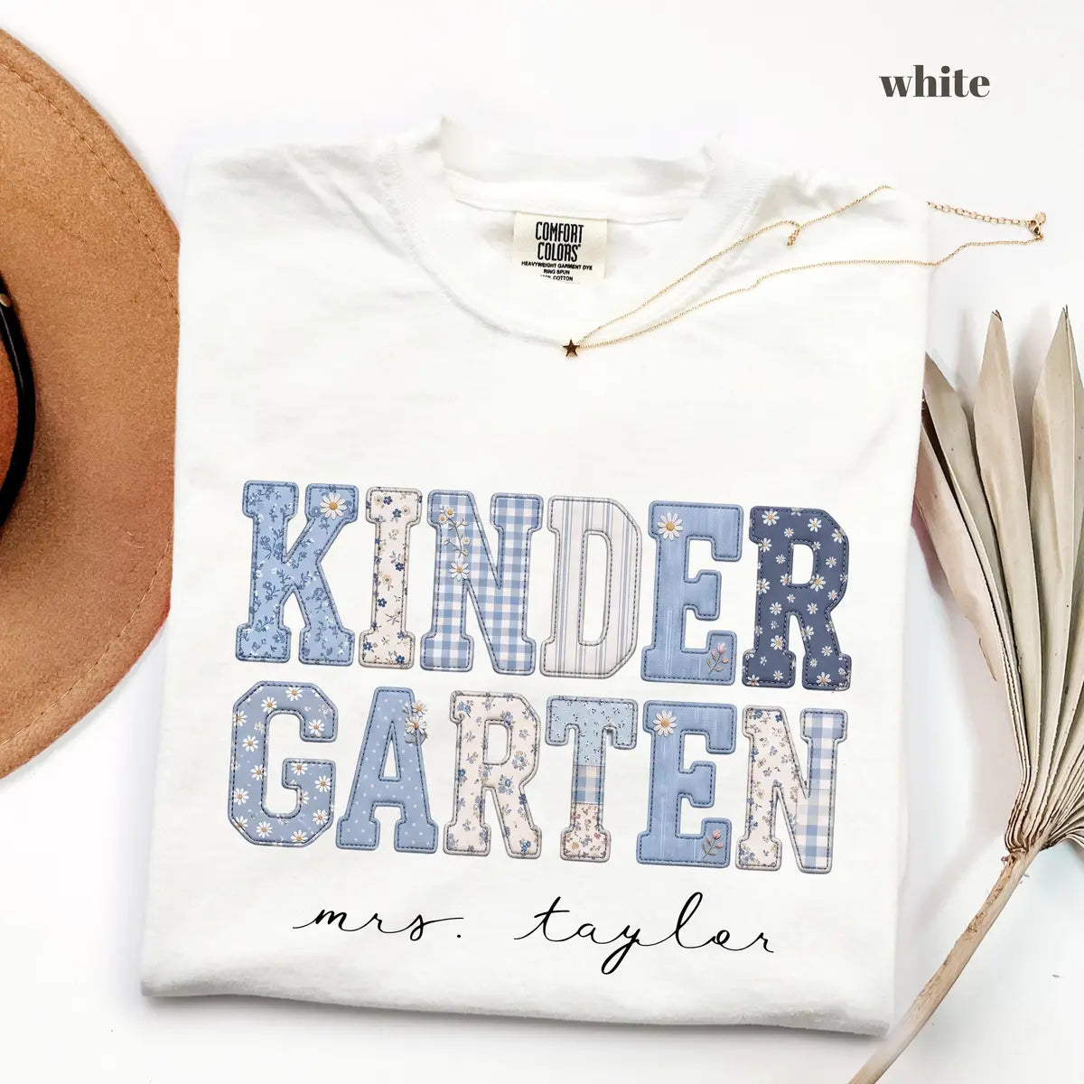 White Comfort Colors 1717 T-shirt with Kindergarten Teacher design