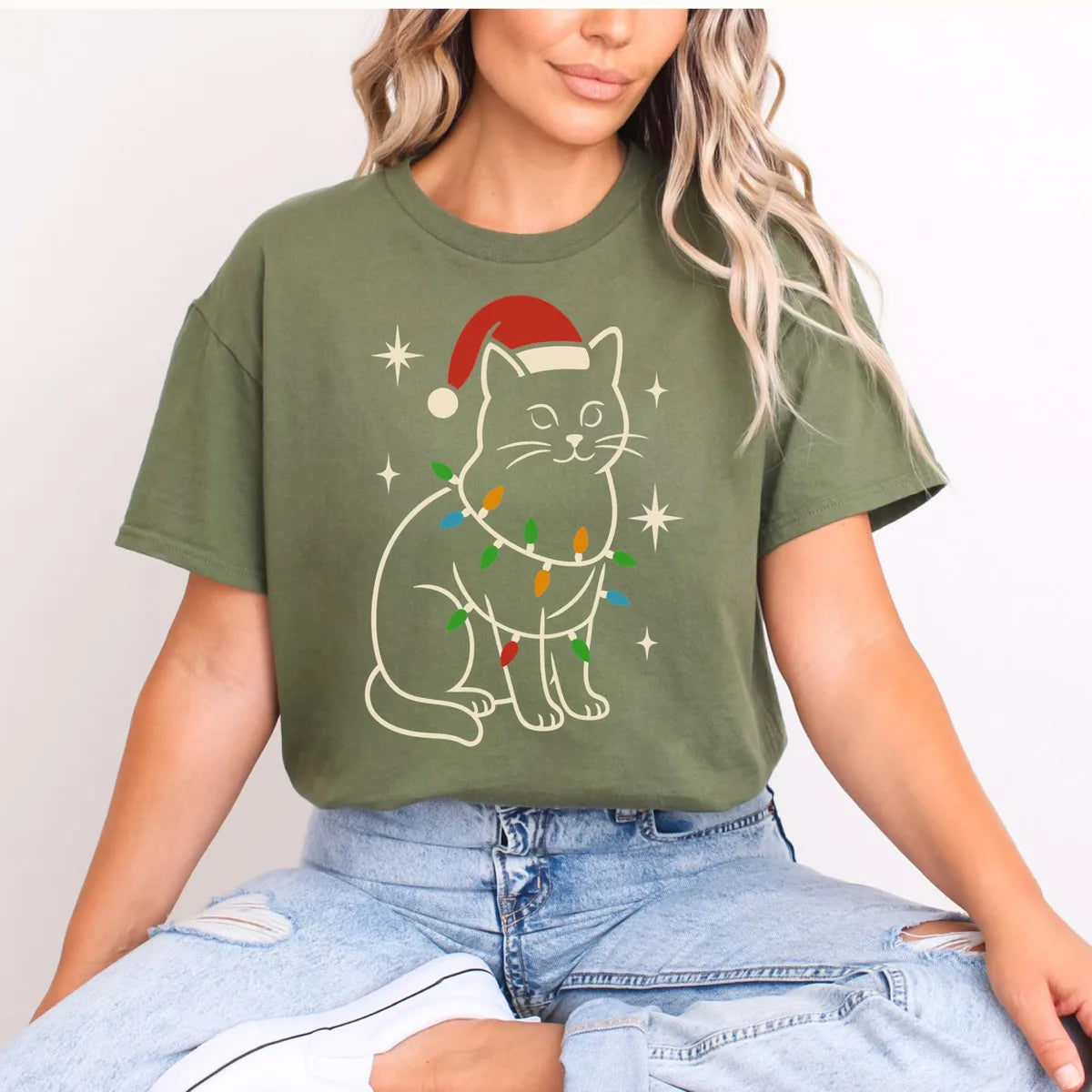 MILITARY GREEN Crewneck sweatshirt with Cat Christmas design, alternate product view.