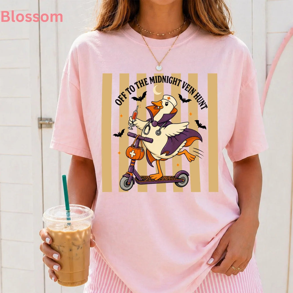 Off to the Midnight Vein Hunt - Nurse Goose Halloween Comfort Colors T-Shirt alternate product view in Blossom.