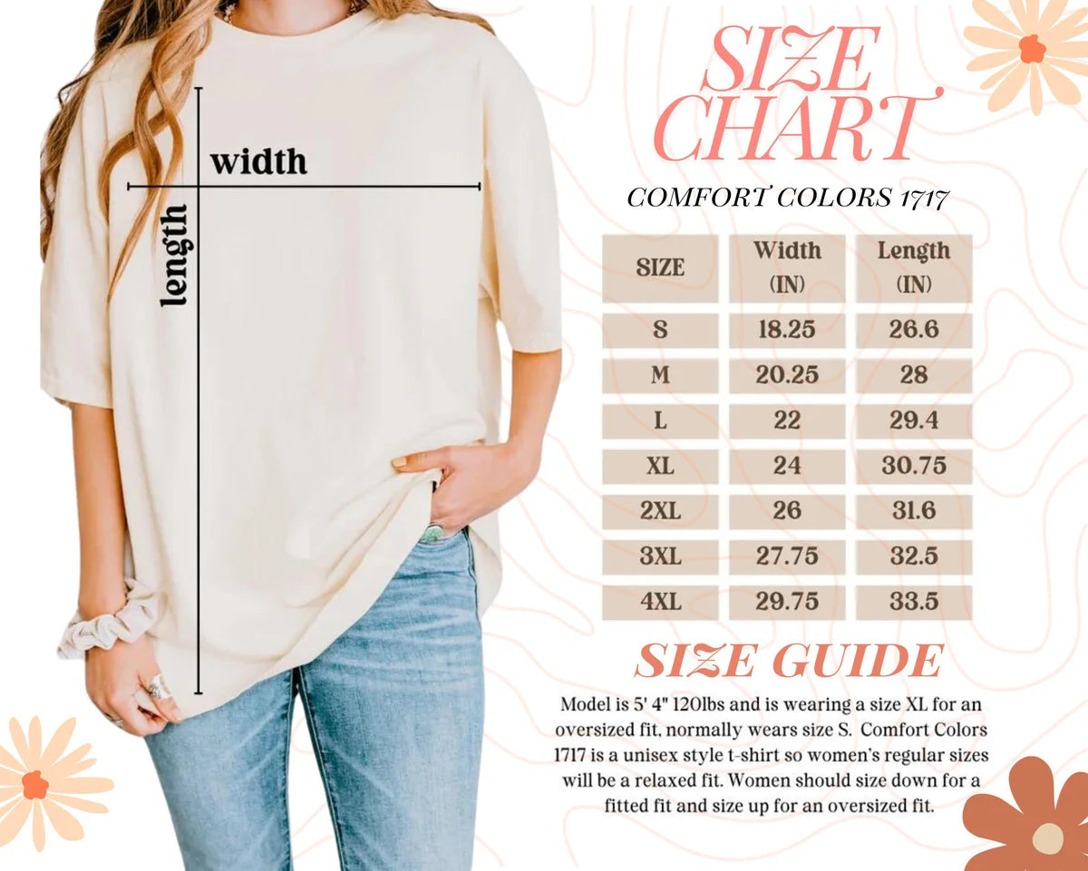 Comfort Colors 1717 T-shirt size chart with adult garment measurements