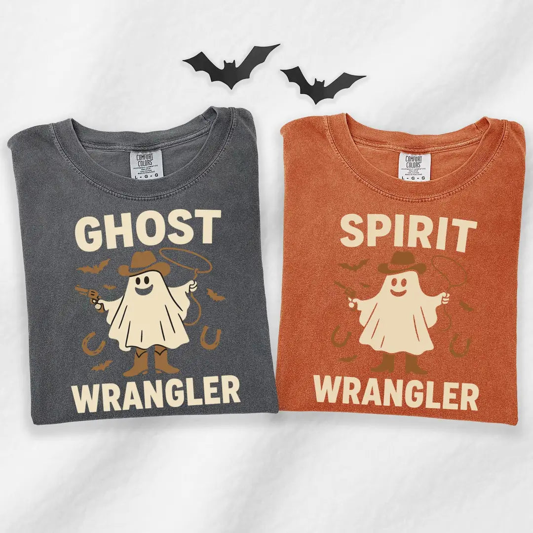 Ghost Wrangler & Spirit Wrangler - Matching Halloween Comfort Colors T-Shirt alternate product view.