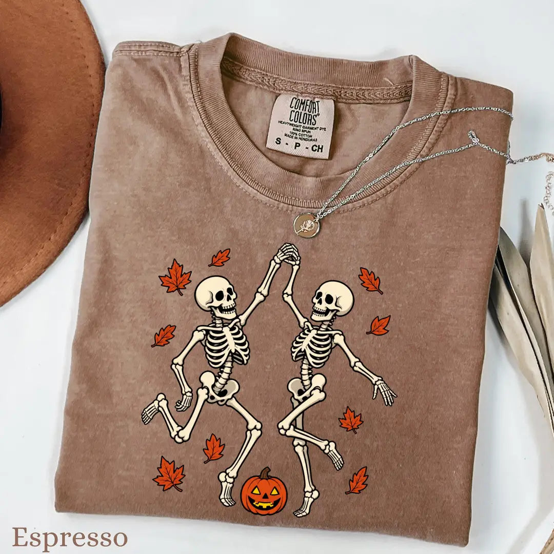 Dancing Skeleton Couple Comfort Colors T-Shirt alternate product view in Espresso.
