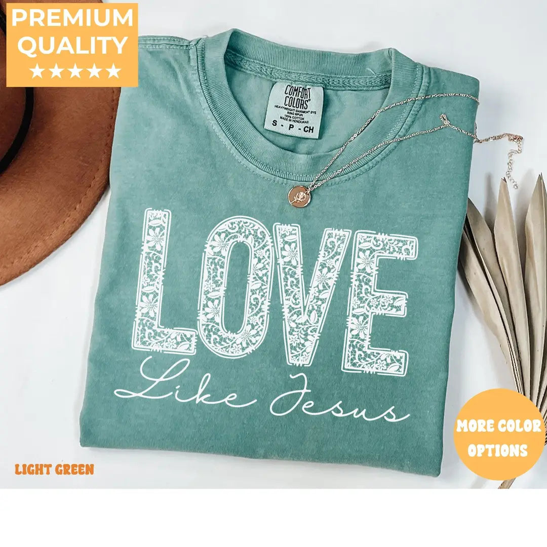 Light Green Comfort Colors 1717 T-shirt with Love Like Jesus design, alternate product view.
