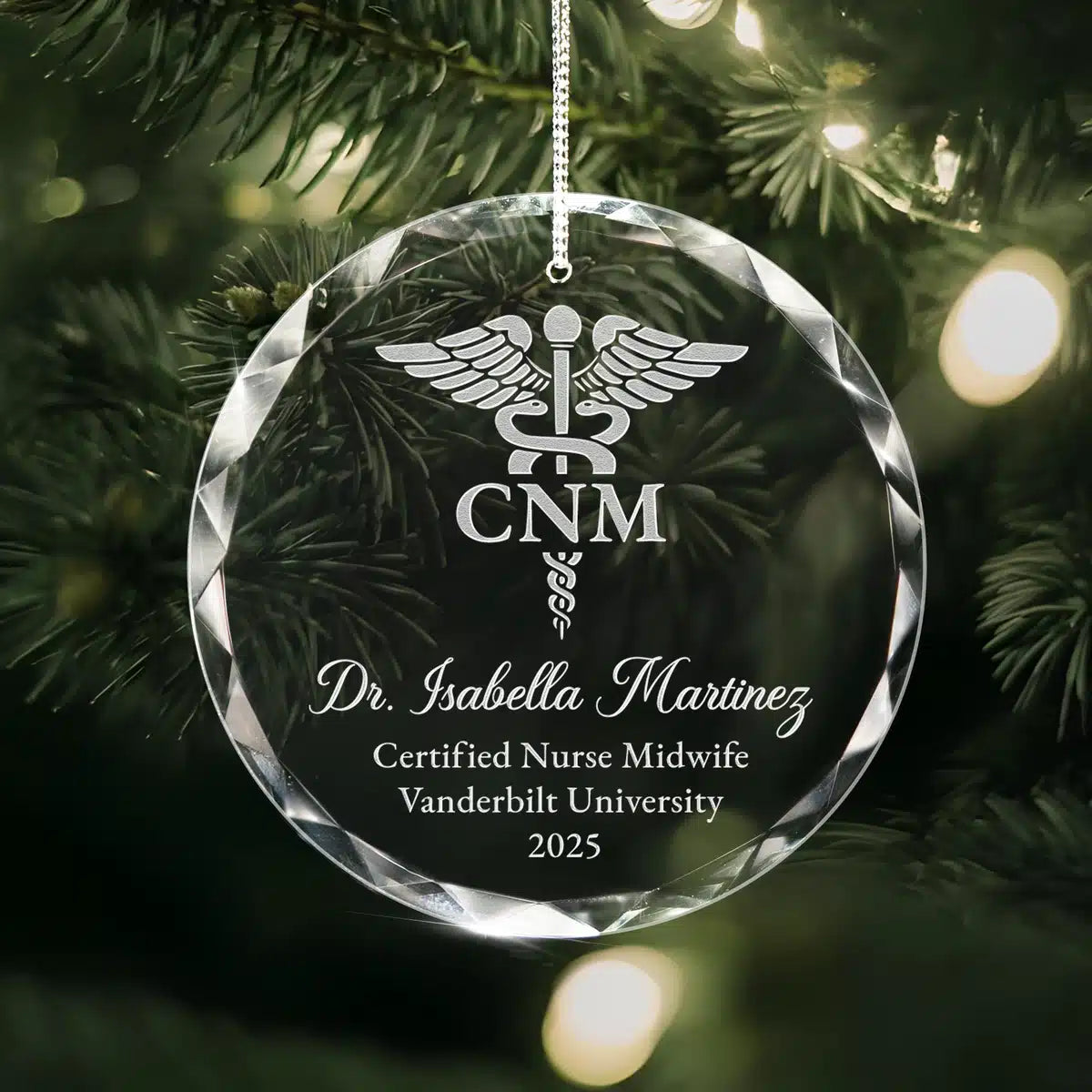 Personalized engraved crystal glass ornament featuring Certified Nurse Midwife.