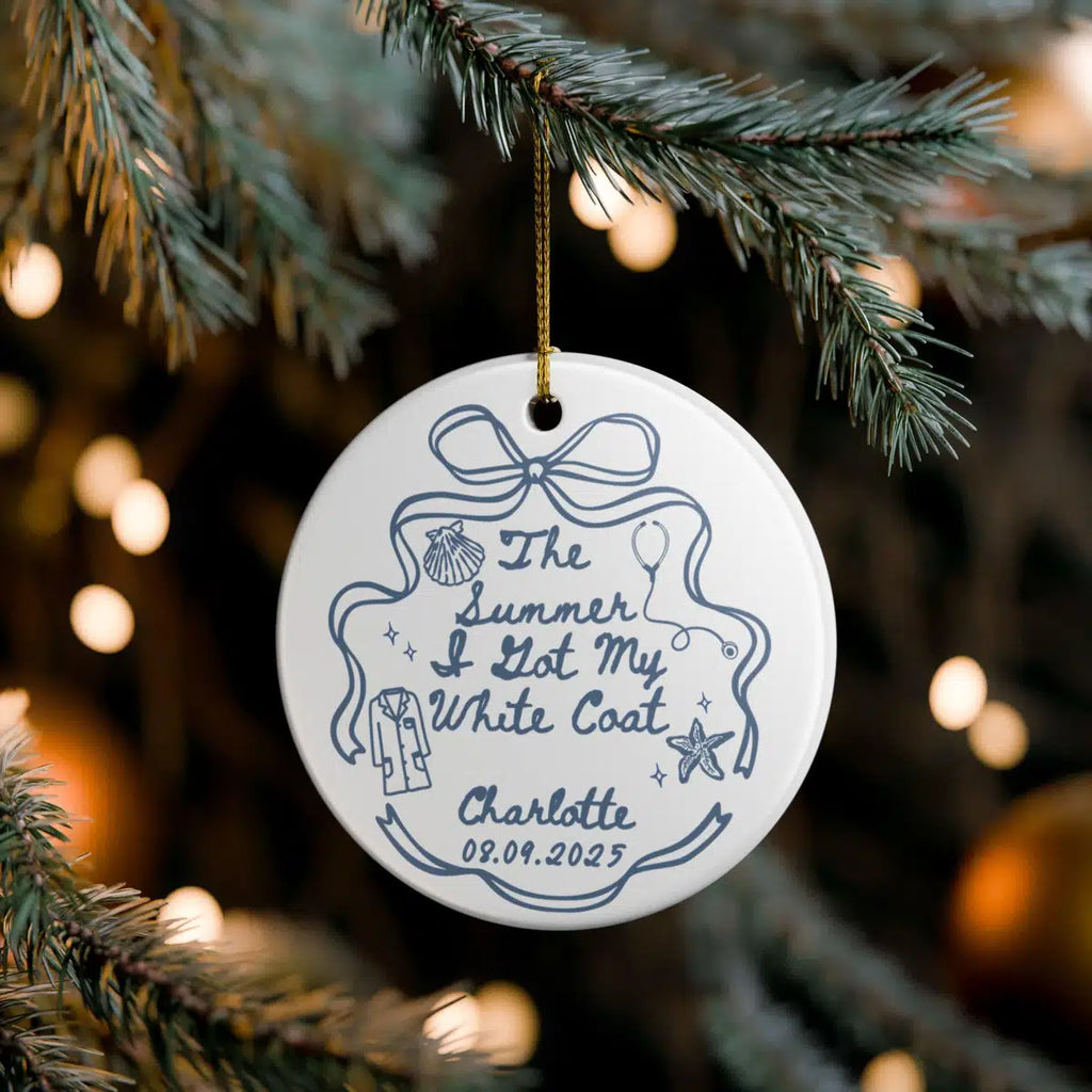 Additional view of a White Coat Ceremony personalized ceramic ornament.