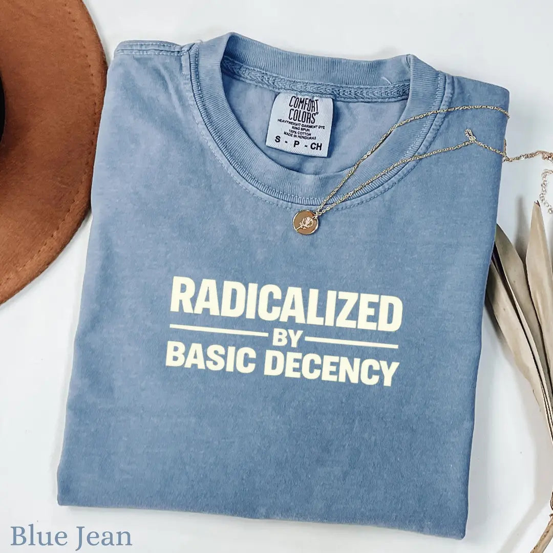 Blue Jean Comfort Colors 1717 T-shirt with Radicalized By Basic Decency design, alternate product view.