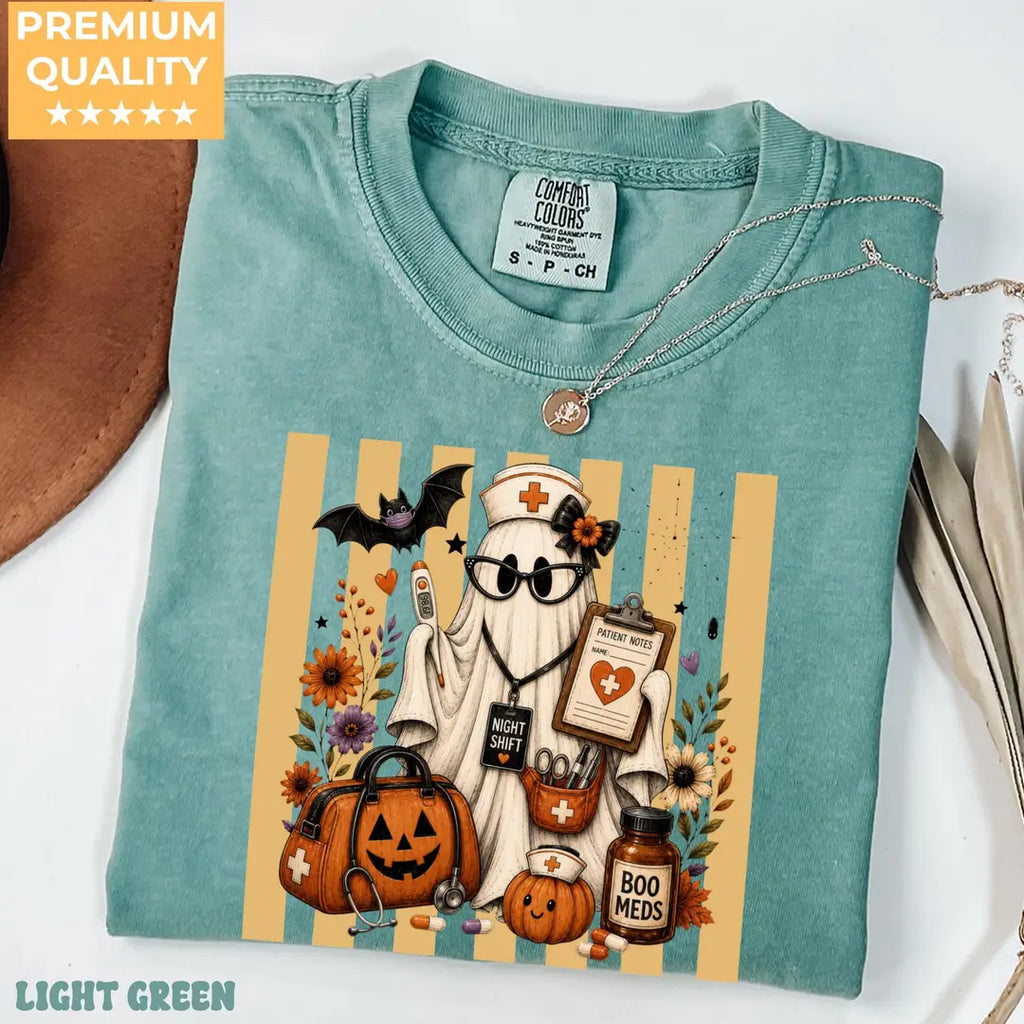 Night Shift Nurse Halloween Comfort Colors T-Shirt alternate product view in Light Green.
