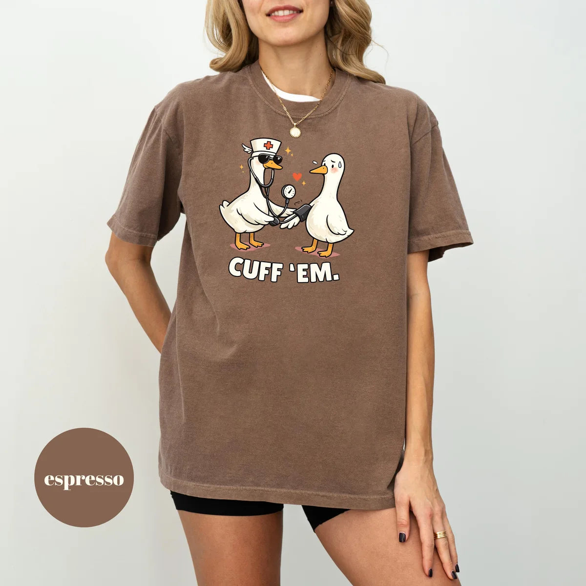 Espresso Comfort Colors 1717 T-shirt with Funny Goose Nurse design worn by a model