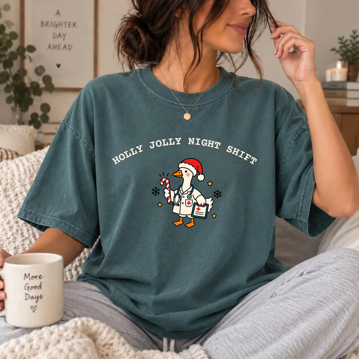 Comfort Colors 1717 T-shirt with Christmas Nurse design worn by a model view 2