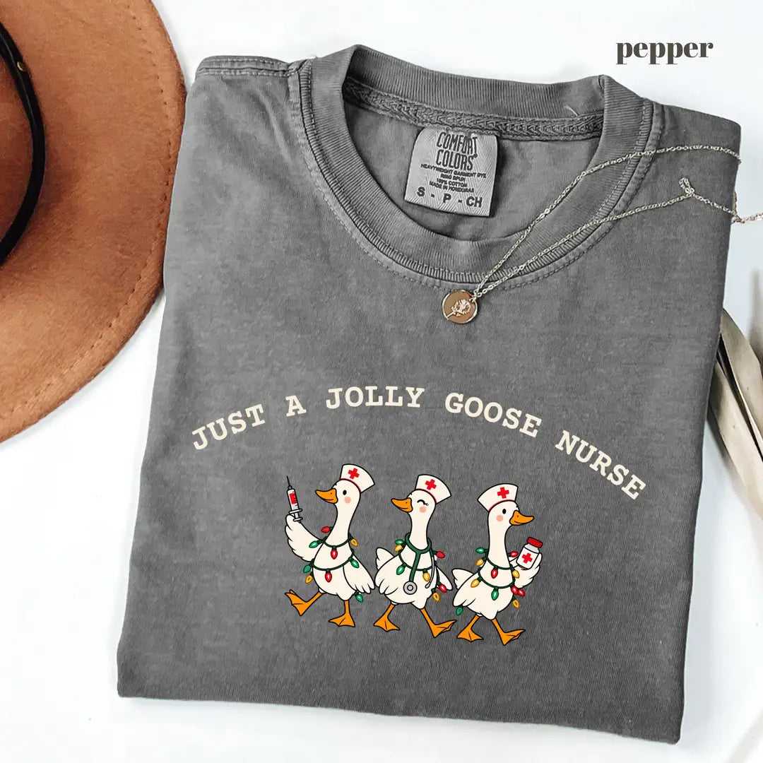 Pepper Comfort Colors 1717 T-shirt with Jolly Goose Christmas Nurse design view 2