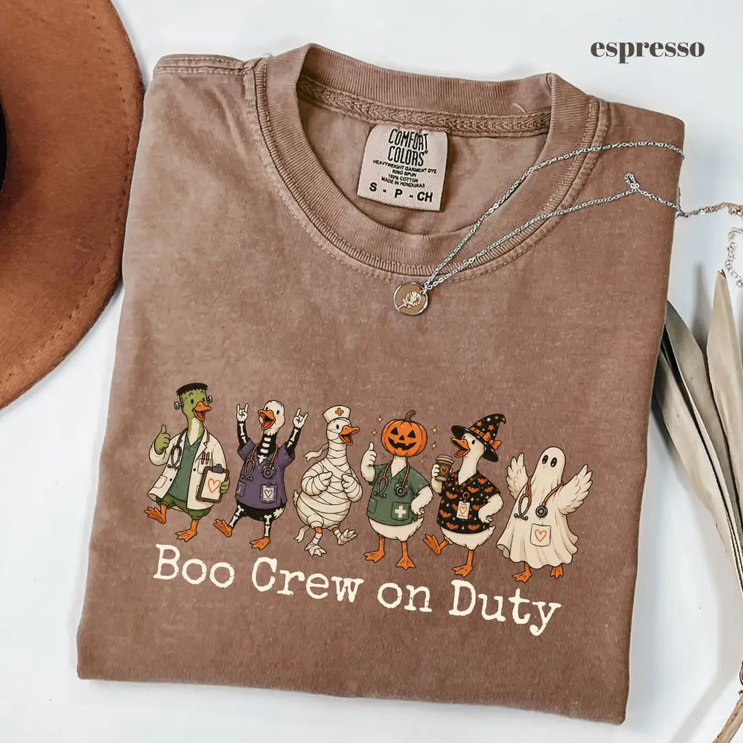 Espresso Comfort Colors 1717 T-shirt with Boo Crew on Duty Halloween Nurse design