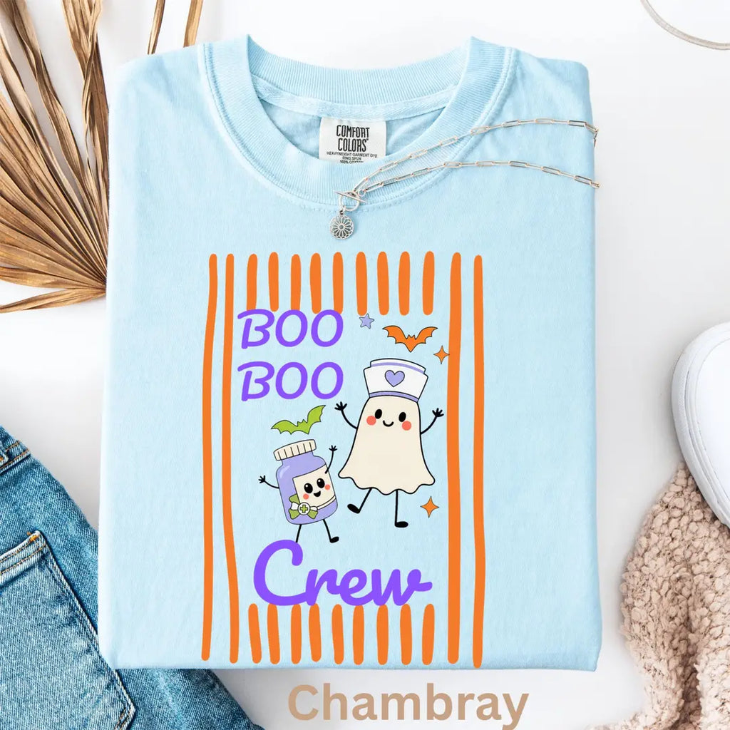 Boo Boo Crew Nurse Halloween Comfort Colors T-Shirt alternate product view in Chambray.