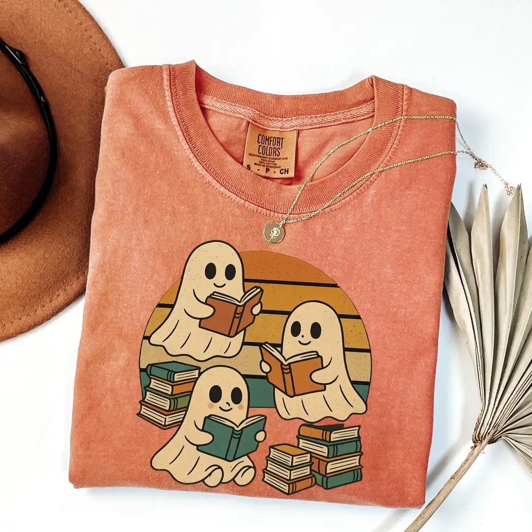 Three Ghosts Reading Books - Bookish Halloween Comfort Colors T-Shirt alternate product view in Yam.