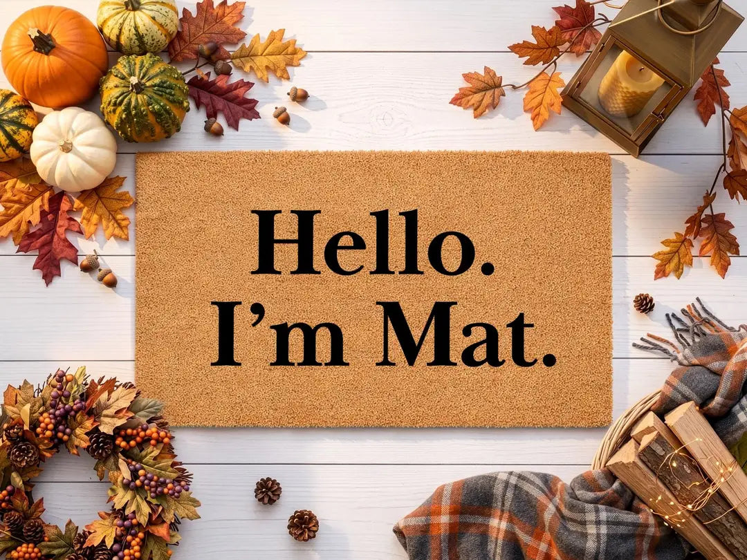 Coir doormat with a Hello I'm Mat message styled with pumpkins, autumn leaves, a plaid blanket, and a lantern