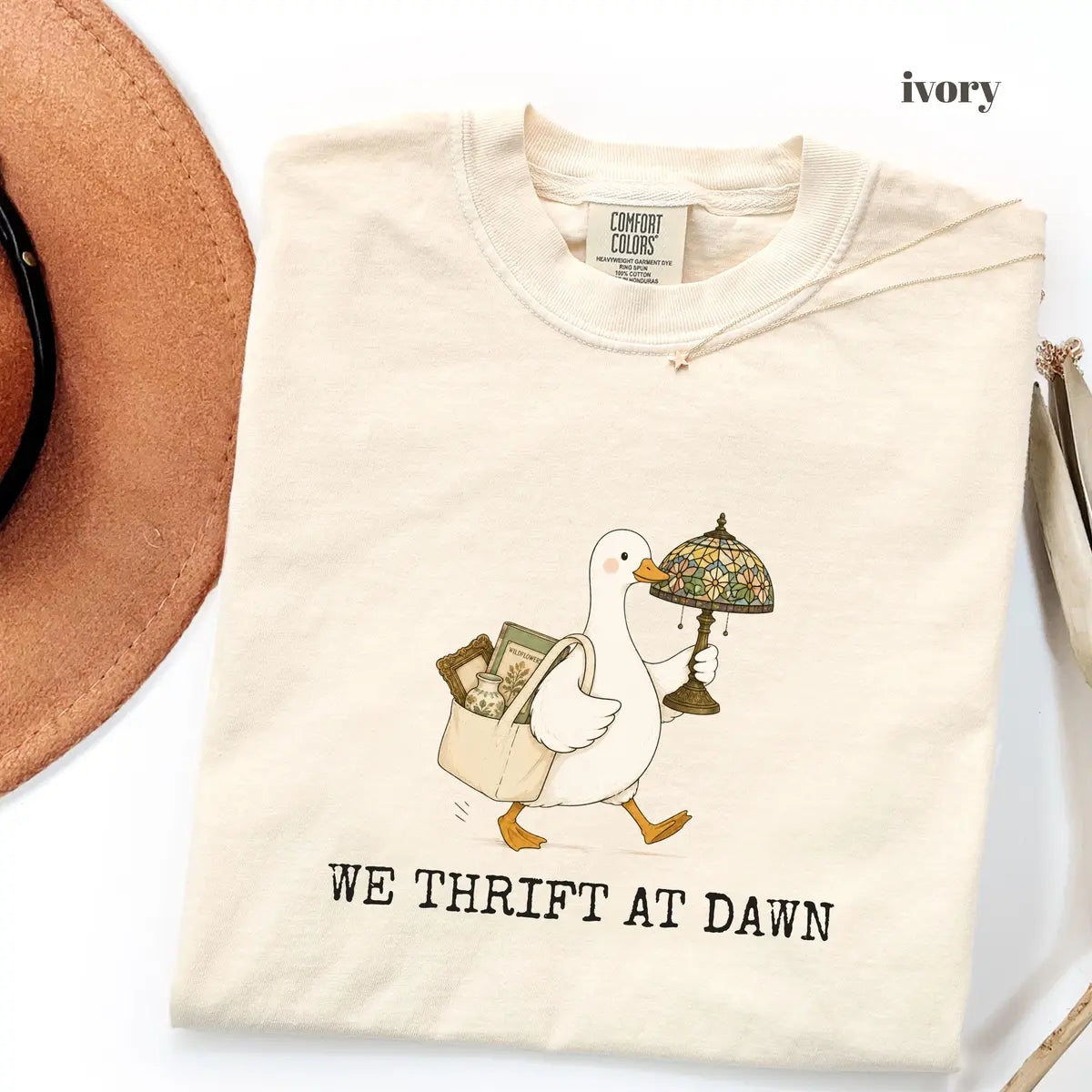 Ivory Comfort Colors 1717 T-shirt with We Thrift At Dawn Goose design