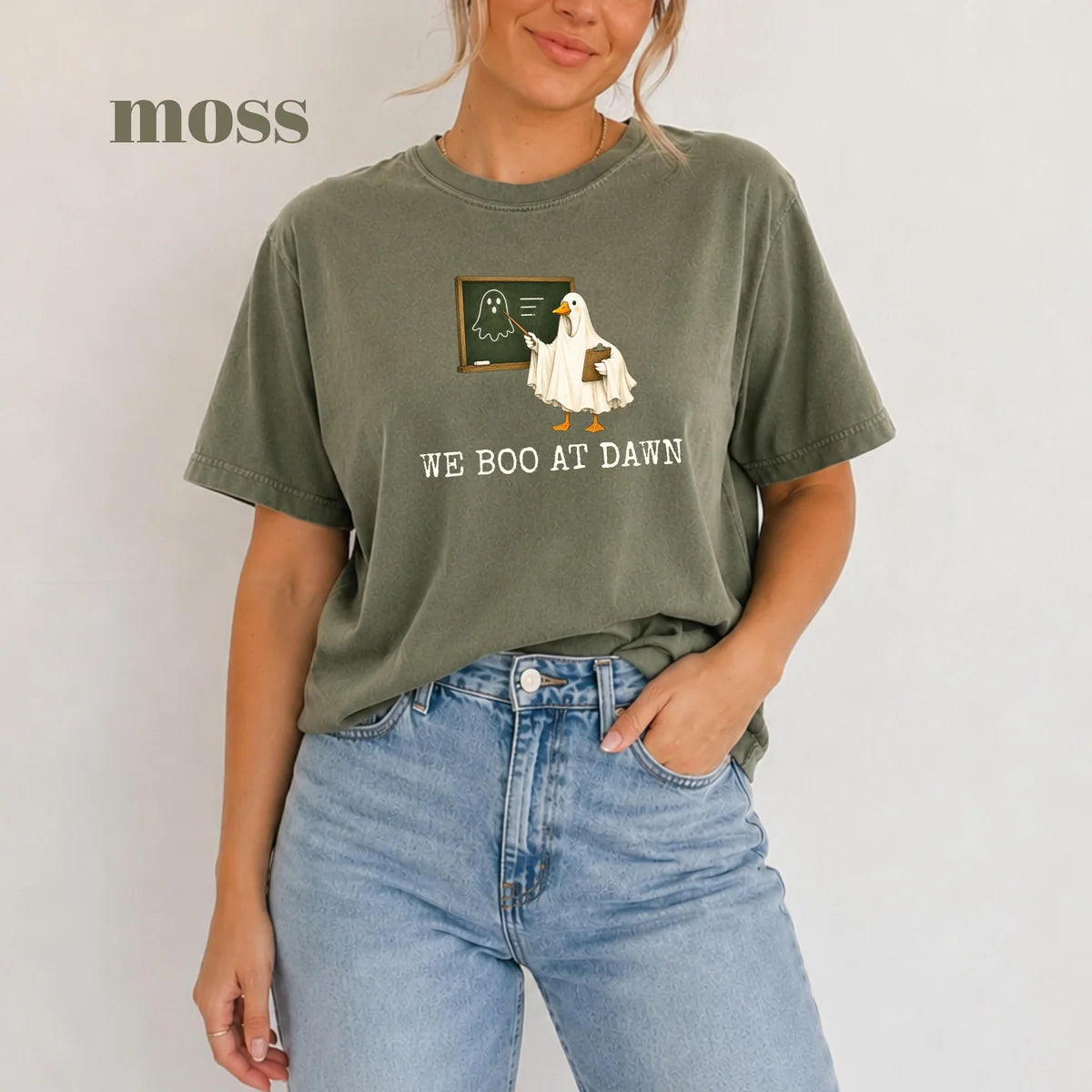 Moss Comfort Colors 1717 T-shirt with We Boo At Dawn Goose design worn by a model