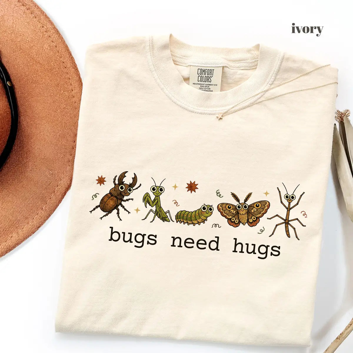 Ivory Comfort Colors 1717 T-shirt with Bugs Need Hugs design