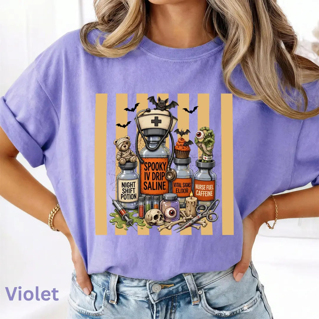 Nurse Halloween Potion Bottles Comfort Colors T-Shirt hero view in Violet.