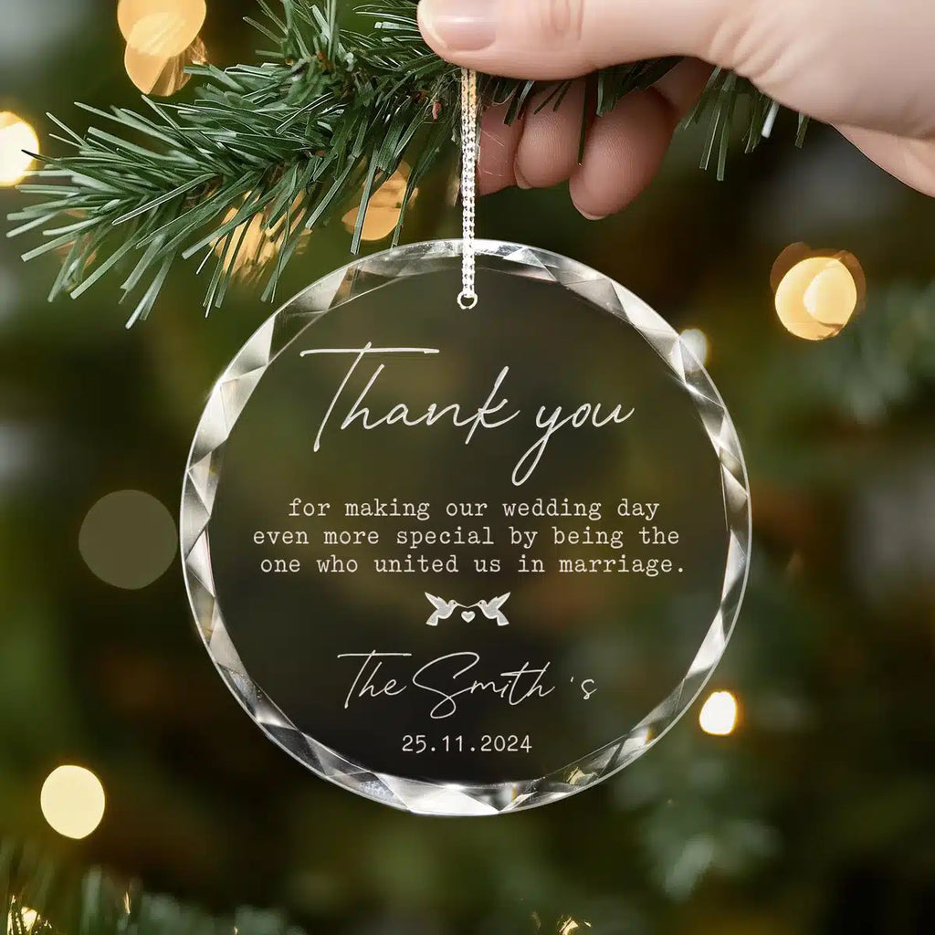 Additional view of a Wedding Officiant personalized engraved engraved crystal glass ornament.