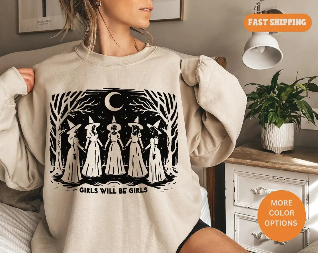 Sand Crewneck sweatshirt with printed Vintage Girls Will Be Girls Witch design shown on a model.