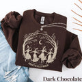 Dark Chocolate Crewneck sweatshirt with Witchy Halloween design, alternate product view.