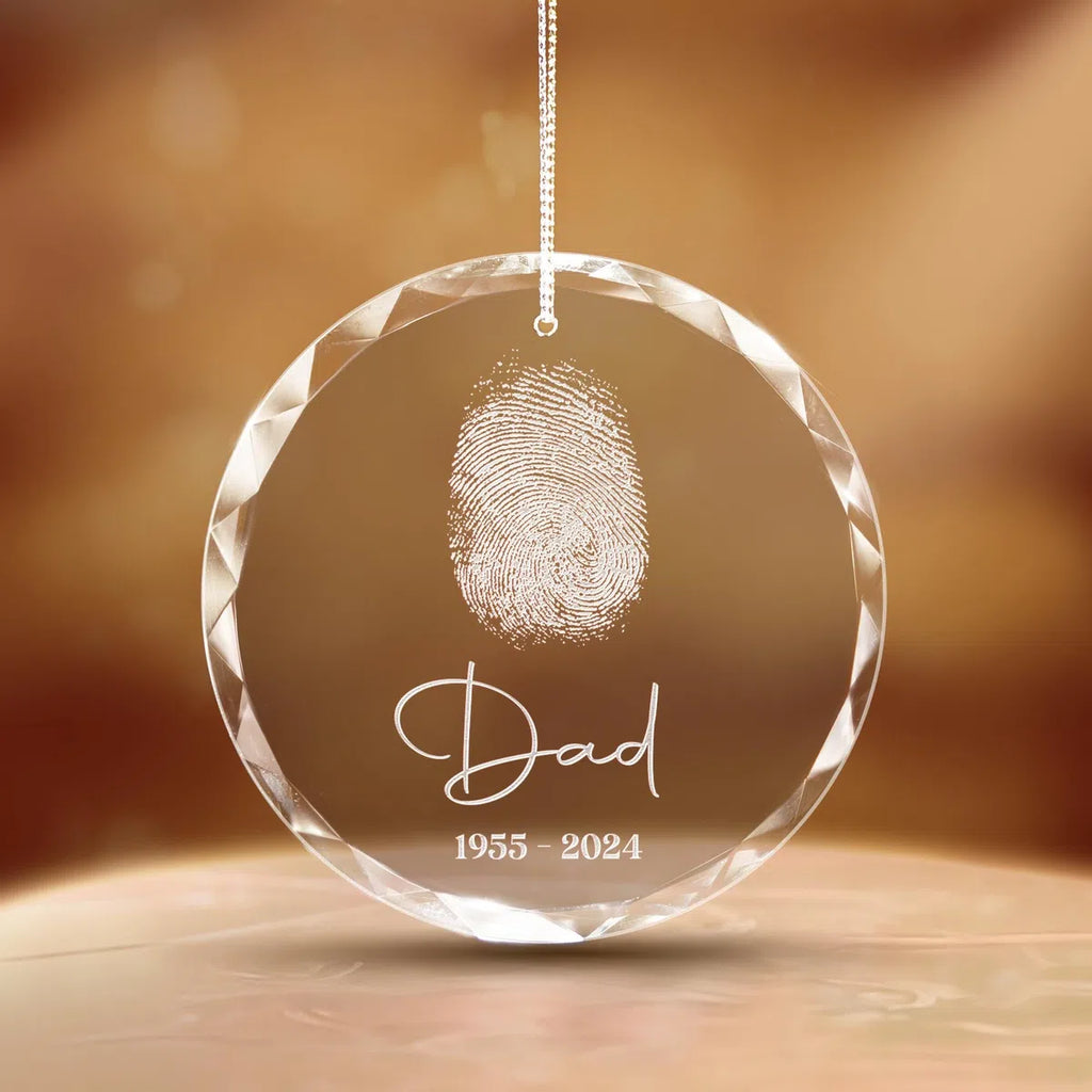 Additional view of a Fingerprint Memorial personalized engraved engraved crystal glass ornament.