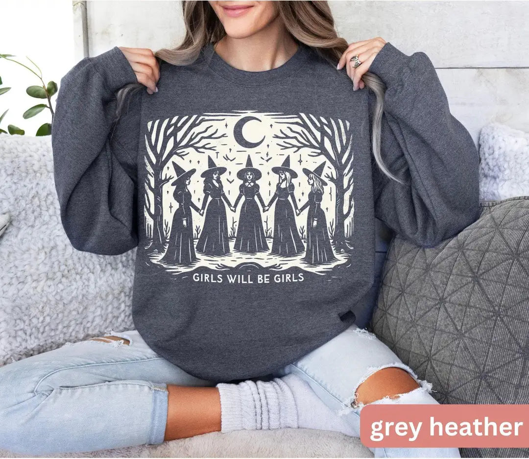 Dark Heather Crewneck sweatshirt with printed Vintage Girls Will Be Girls Witch design, alternate product view.