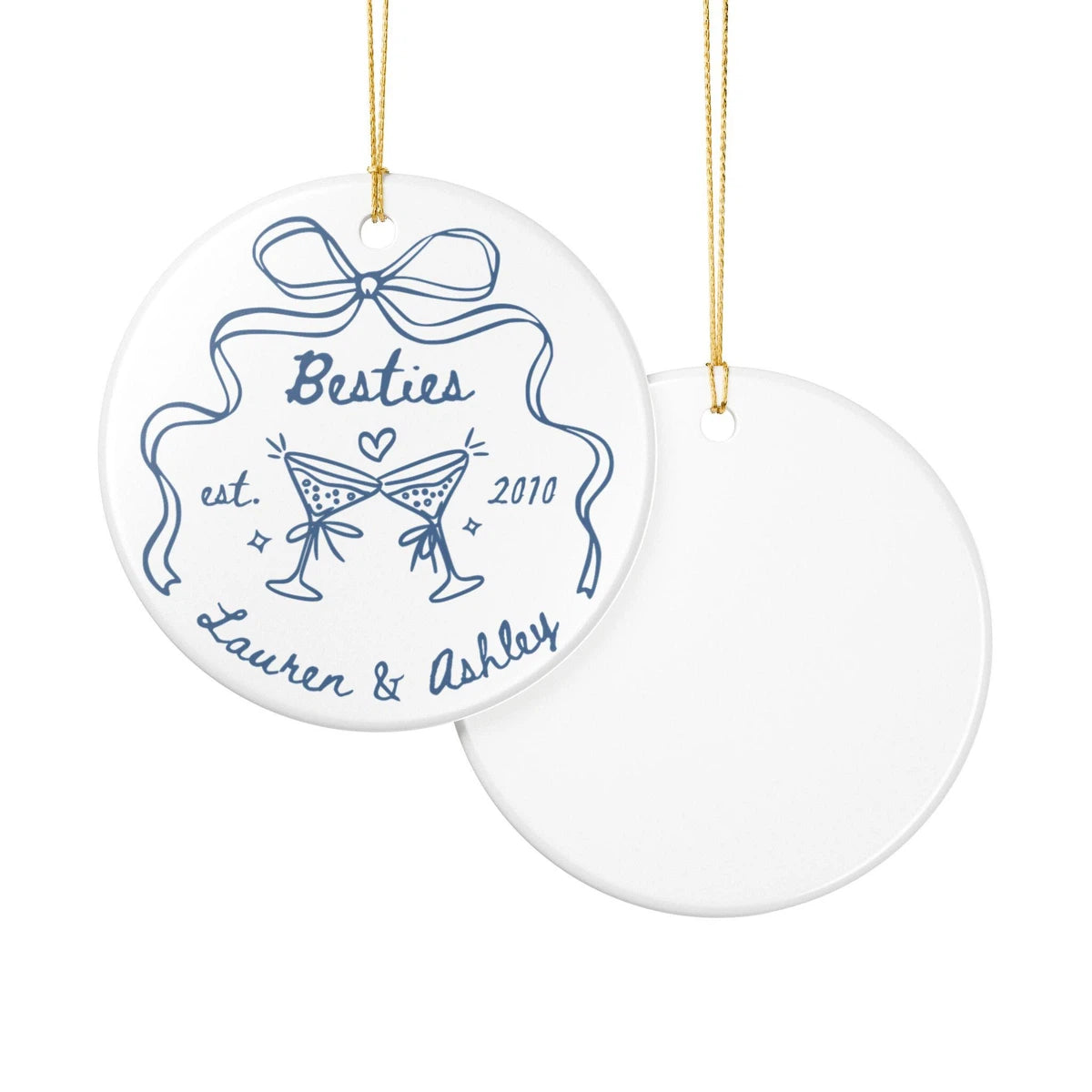 Front and back views of a Besties personalized ceramic ornament.