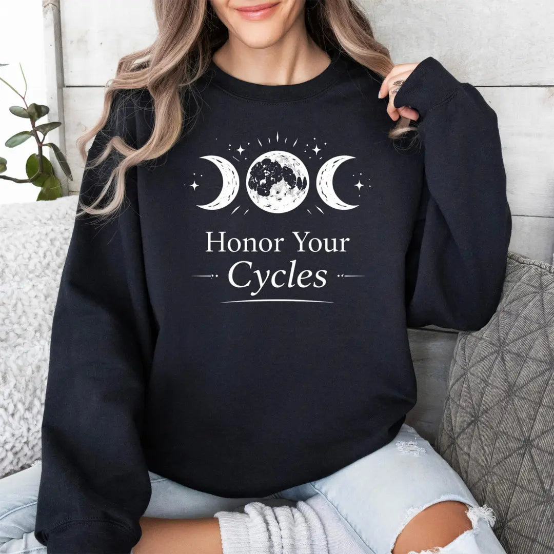 Crewneck sweatshirt with Mental Health Moon Phases design, alternate product view.